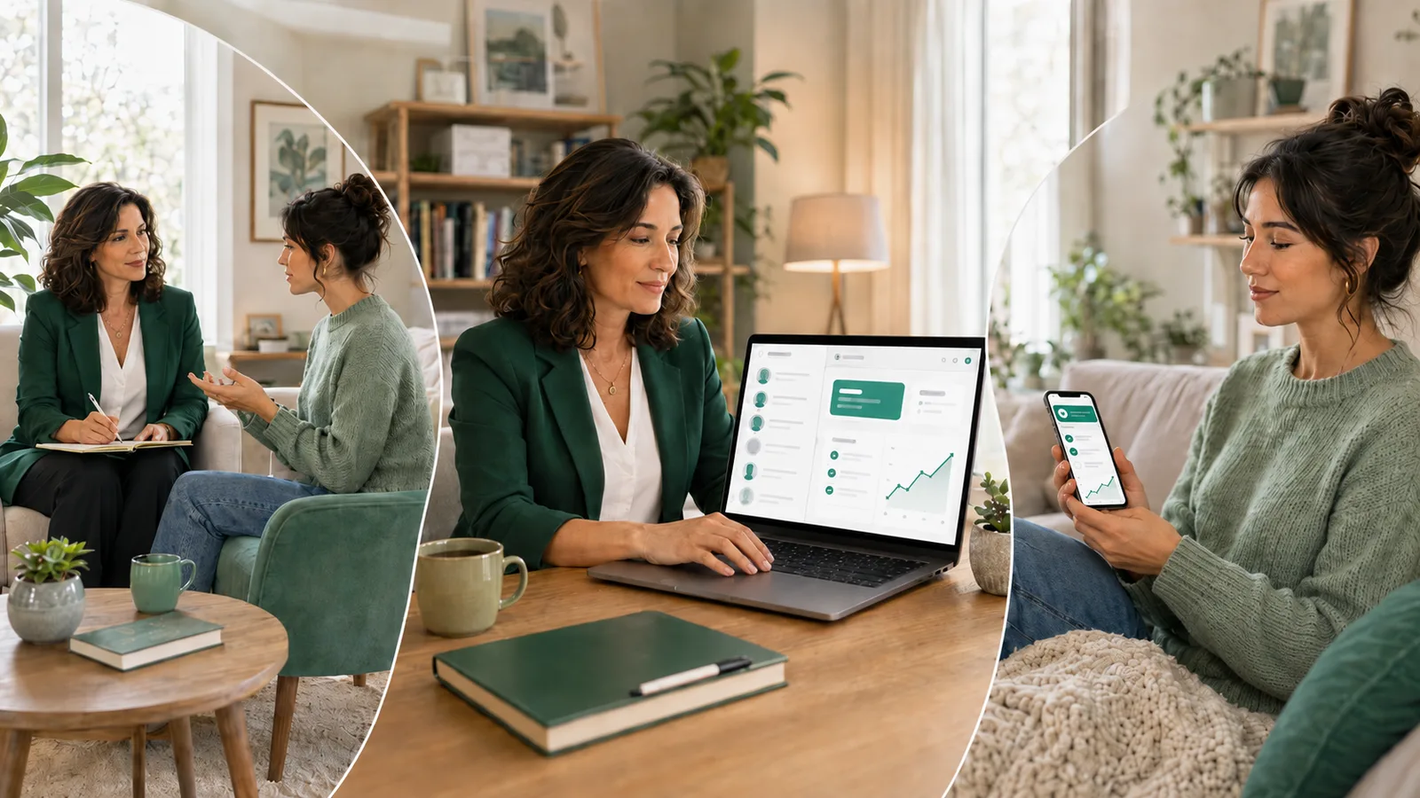 A coaching session, then the coach planning on her laptop, then the client following her tasks and progress chart on her phone